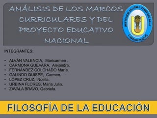 INTEGRANTES:
• ALVÁN VALENCIA, Maricarmen .
• CARMONA GUEVARA, Alejandra.
• FERNÁNDEZ COLCHADO María.
• GALINDO QUISPE, Carmen.
• LÓPEZ CRUZ, Noelia.
• URBINA FLORES, Maria Julia.
• ZAVALA BRAVO, Gabriela.
 