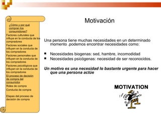 Motivación
   ¿Cómo y por qué
   compran los
   consumidores?
Factores culturales que
influye en la conducta de los
compradores                     Una persona tiene muchas necesidades en un determinado
Factores sociales que             momento .podemos encontrar necesidades como:
influyen en la conducta de
los compradores
Factores personales que
                                   Necesidades biogenas: sed, hambre, incomodidad
influyen en la conducta de         Necesidades psicógenas: necesidad de ser reconocidos.
los compradores
Factores psicológicos que
influyen en la conducta de      Un motivo es una necesidad lo bastante urgente para hacer
los compradores                    que una persona actúe
El proceso de decisión
de compra del
consumidor
Roles de compra
Conducta de compra

Etapas del proceso de
decisión de compra
 