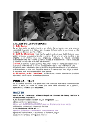 1
ANÁLISIS DE LOS PERSONAJES:
1- C.C. Baxter
Es un don nadie, un pobre hombre, un infeliz. Es un hombre con una enorme
necesidad deaprecio y de halago pero incapaz de hacer daño a una mosca y más
incapaz aun de decir que no a nadie.
2- Jeff D. Sheldrake (Fred MacMurray) al contrario que Buddy lo tiene todo,
poder, encanto, persuasión, familia y amante. Él no vive en una mentira ni se
engaña a sí mismo sino que engatusa, embauca, e incluso amenaza
sistemáticamente. No necesita aparentar dureza, él es desalmado; sólo se preocupa
y cuida de una cosa en el mundo: de él mismo.
3-Fran, la señorita Kubelik (Shirley MacLaine): Tiene una franqueza espontanea y
suave que contrasta con el engaño y el secretismo de su vida sentimental. Una
mujer con planta de decente pero que sólo lo es por hacer honor a lo que ella cree;
puede ser fiel a lo infiel pero no puede respetar lo irrespetuoso. Una mujer práctica
y razonable para analizar pero débil para aceptar.
4- El vecino, el Dr. Dreyfuss (Jack Kruschen): buena persona que proyecta
sensatez y virtud de una manera campechana.
PRUEBA - TEST
No se trata de que digas si te portas bien, mal o regular, se trata de que reflexiones
sobre el estilo de hacer las cosas que tiene cada personaje de la película,
comunican, arrollan o se esconden...
BAXTER
¿CUÁL ES SU CONDUCTA? Ponte en la piel de cada uno de ellos y contesta a
las siguientes preguntas:
1. En tus conversaciones con los/as amigos/as ........
a) Les cuento muy pocas cosas.
b) Soy un/a SUPERCOMUNICADOR/A, expreso directamente lo que siento.
c) Impongo casi siempre mis puntos de vista
2. Si alguien me critica, yo ......
a) Pienso que siempre tienen razón. Yo soy el/la que falla.
b) Estudio bien la crítica, la aceptaré o la rechazaré, según.
c) ¿Quién me critica a mi? ¡Que se atrevan!
 