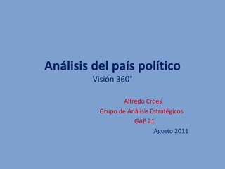 Análisis del país político
         Visión 360°

                 Alfredo Croes
          Grupo de Análisis Estratégicos
                     GAE 21
                             Agosto 2011
 