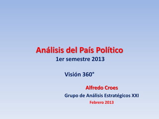 Análisis del País Político
     1er semestre 2013

        Visión 360°

                 Alfredo Croes
        Grupo de Análisis Estratégicos XXI
                   Febrero 2013
 