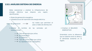 2.5.5. ANÁLISIS SISTEMA DE ENERGIA
Debe caracterizar y analizar la infraestructura de
energía eléctrica que dispone una región,
identificando:
Áreas de generación energética.
infraestructura de trasmisión de energía eléctrica,
los nodos que permiten el
paso a redes de distribución.
áreas de generación
Señalar el nombre de las centrales y/o
subestaciones
Tipo de energía que utiliza,
Su localización
Su potencia
Tipo de combustible que utiliza
Su representación cartográfica.
Analizar el BALANCE
ENERGETICO
Entendido como la diferencia
que se obtiene entre la oferta y
la demanda existente en la
región.
 