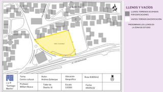 I. U. P
"Santiago
Mariño"
Tema:
Centro cultural
Profesor:
William Busca
Autor:
Andrea Quilarque
Escala:
1/1000
Ubicación
Geográfica
Taller de
Diseño: IV
Fecha:
09/05/22
Área: 8.800m2
LLENOS: TERRENOS OCUPADOS
POR EDIFICACIONES.
VACÍOS: TERENOS SIN EDIFICACIÓN.
LLENOS Y VACÍOS
PREDOMINAN LOS LLENOS EN
LA ZONA DE ESTUDIO
 