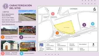 I. U. P
"Santiago
Mariño"
Tema:
Centro cultural
Profesor:
William Busca
Autor:
Andrea Quilarque
Escala:
1/1000
Ubicación
Geográfica
Taller de
Diseño: IV
Fecha:
09/05/22
Área: 8.800m2
Norte: Iglesia Nuestra
Señora Del Pilar
Sur: Av. Jóvito Villalba
Este: Calle Cjón. Nuevo
Oeste: Centro Artesanal Los Robles
CARACTERIZACIÓN
DEL SITIO
LIMITES
Sus Alrededores
CENTRO ARTESANAL
LOS ROBLES
IGLESIA NUESTRA
SEÑORA DEL PILAR
GREEN PARK CLUB
IMAGEN MARKET
PLAZA BOLIVAR
LOS ROBLES
CENTRO ARTESANAL
LOS ROBLES
GRENN PARK CLUB
IGLESIA NUESTRA
SEÑORA DEL PILAR
IMAGEN MARKET
 