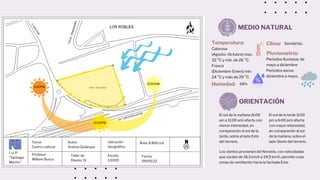 I. U. P
"Santiago
Mariño"
Tema:
Centro cultural
Profesor:
William Busca
Autor:
Andrea Quilarque
Escala:
1/1000
Ubicación
Geográfica
Taller de
Diseño: IV
Fecha:
09/05/22
Área: 8.800 m2
6:00AM
12:00PM
6:00PM
MEDIO NATURAL
Clima: Semiárido.
Temperatura:
Calurosa
(Agosto–Octubre) max.
32 °C y mín. de 26 °C.
Fresca
(Diciembre-Enero) min
24 °C y máx de 29 °C.
Humedad: 68%
Pluviometría:
Períodos lluviosos: de
mayo a diciembre
Períodos secos:
diciembre a mayo.
ORIENTACIÓN
Los vientos provienen del Noreste, con velocidades
que oscilan de 18,3 km/h a 24,9 km/h, permite crear
zonas de ventilación hacia la fachada Este.
El sol de la mañana (6:00
am a 11:00 am) afecta con
menor intensidad, en
comparación al sol de la
tarde, sobre el lado Este
del terreno.
El sol de la tarde (1:00
pm a 6:00 pm) afecta
con mayor intensidad,
en comparación al sol
de la mañana, sobre el
lado Oeste del terreno.
 