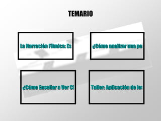 ¿Cómo analizar una película?: Crítica, Forma y Contenido ¿Cómo Enseñar a Ver Cine?: Estrategias Pedagógicas La Narración Fílmica: Estructura y Significado Taller: Aplicación de los “Tips” de Análisis TEMARIO 