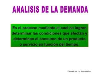 Es el proceso mediante el cual se logran
determinar las condiciones que afectan y
 determinan el consumo de un producto
    o servicio en función del tiempo.




                             Elaborado por: Lic. Anayda Ochoa
 