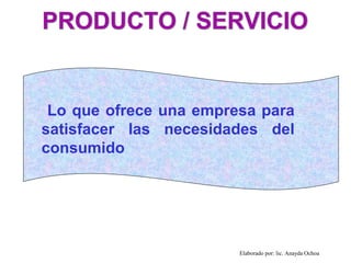 Lo que ofrece una empresa para
satisfacer las necesidades del
consumido




                        Elaborado por: lic. Anayda Ochoa
 