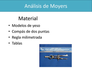 Material 
• Modelos de yeso 
• Compás de dos puntas 
• Regla milimetrada 
• Tablas 
 