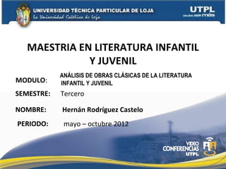 MAESTRIA EN LITERATURA INFANTIL
              Y JUVENIL
            ANÁLISIS DE OBRAS CLÁSICAS DE LA LITERATURA
MODULO:     INFANTIL Y JUVENIL
SEMESTRE:   Tercero

NOMBRE:     Hernán Rodríguez Castelo
PERIODO:     mayo – octubre 2012
 