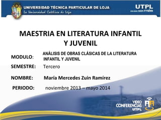 MAESTRIA EN LITERATURA INFANTIL
Y JUVENIL
MODULO:

ANÁLISIS DE OBRAS CLÁSICAS DE LA LITERATURA
INFANTIL Y JUVENIL

SEMESTRE:

Tercero

NOMBRE:

María Mercedes Zuin Ramírez

PERIODO:

noviembre 2013 – mayo 2014

 