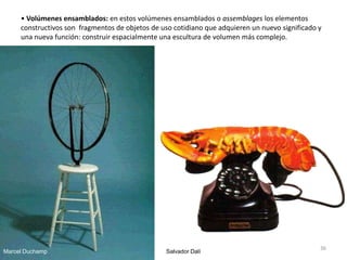• Volúmenes ensamblados: en estos volúmenes ensamblados o assemblages los elementos
constructivos son fragmentos de objetos de uso cotidiano que adquieren un nuevo significado y
una nueva función: construir espacialmente una escultura de volumen más complejo.
Marcel Duchamp Salvador Dalí
36
 
