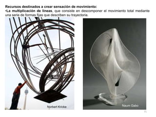 71
Recursos destinados a crear sensación de movimiento:
•La multiplicación de líneas, que consiste en descomponer el movimiento total mediante
una serie de formas fijas que describen su trayectoria.
Norbert Kricke Naum Gabo
 