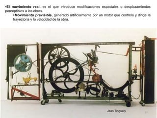 77
•El movimiento real, es el que introduce modificaciones espaciales o desplazamientos
perceptibles a las obras.
Movimiento previsible, generado artificialmente por un motor que controla y dirige la
trayectoria y la velocidad de la obra.
Jean Tinguely
 