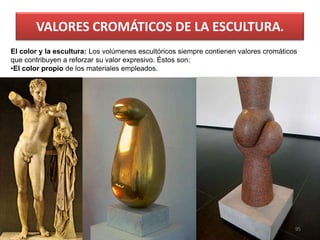 VALORES CROMÁTICOS DE LA ESCULTURA.
95
El color y la escultura: Los volúmenes escultóricos siempre contienen valores cromáticos
que contribuyen a reforzar su valor expresivo. Éstos son:
•El color propio de los materiales empleados.
 