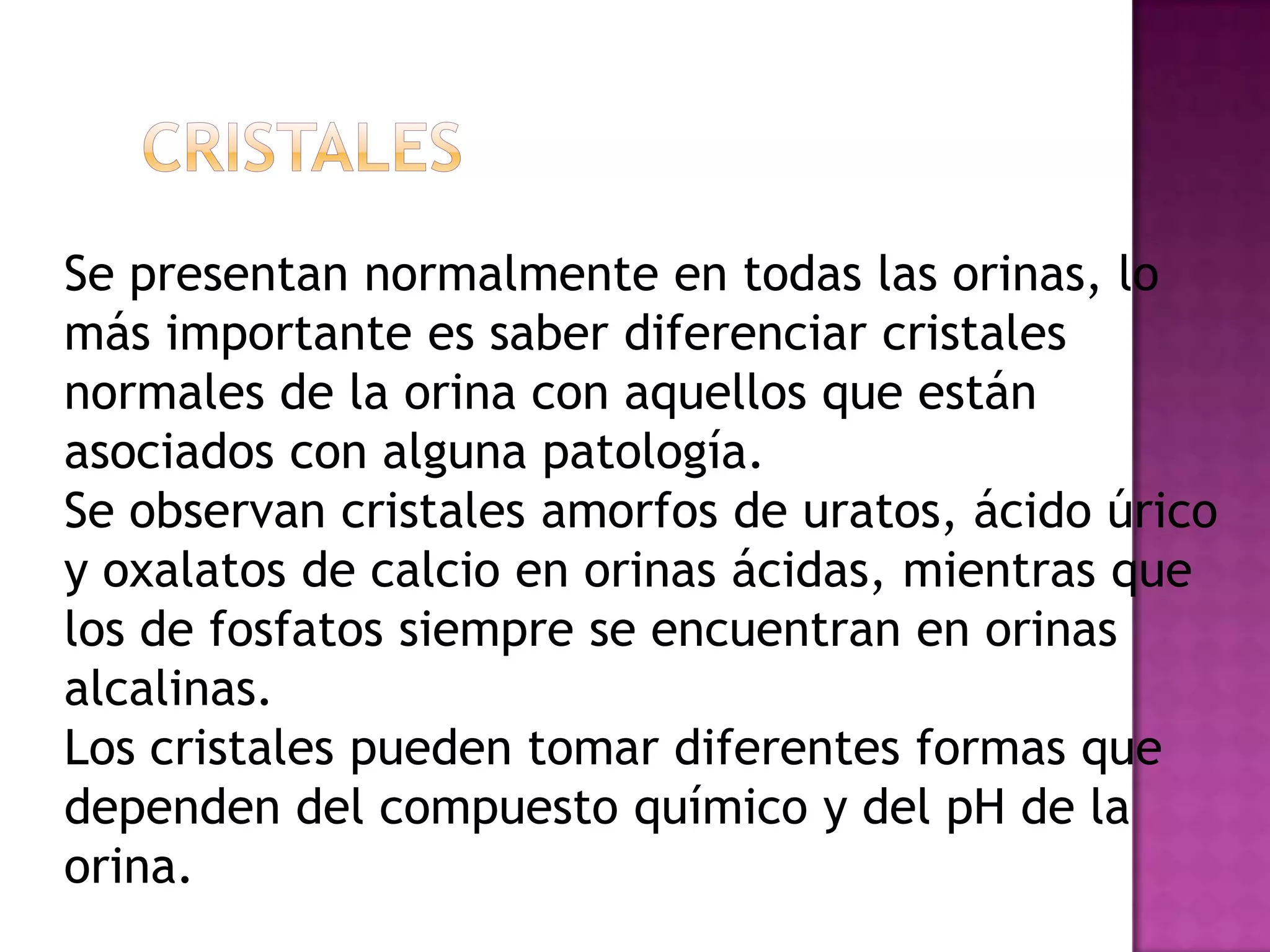 Se presentan normalmente en todas las orinas, lo
más importante es saber diferenciar cristales
normales de la orina con aquellos que están
asociados con alguna patología.
Se observan cristales amorfos de uratos, ácido úrico
y oxalatos de calcio en orinas ácidas, mientras que
los de fosfatos siempre se encuentran en orinas
alcalinas.
Los cristales pueden tomar diferentes formas que
dependen del compuesto químico y del pH de la
orina.

 