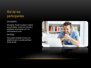 Rol de los
participantes
ESTUDIANTE:
Estudiante: Puede visualizar y realizar
las actividades, revisar los recursos y
establecer comunicación con los
participantes al curso.
INVITADO:
Solo puede visualizar el curso o la
plataforma pero no puede participar
dentro de ella.
 