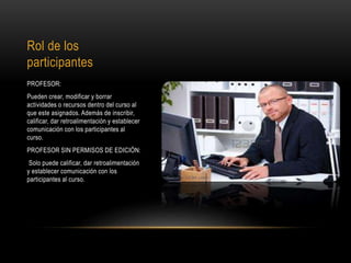 Rol de los
participantes
PROFESOR:
Pueden crear, modificar y borrar
actividades o recursos dentro del curso al
que este asignados. Además de inscribir,
calificar, dar retroalimentación y establecer
comunicación con los participantes al
curso.
PROFESOR SIN PERMISOS DE EDICIÓN:
Solo puede calificar, dar retroalimentación
y establecer comunicación con los
participantes al curso.
 