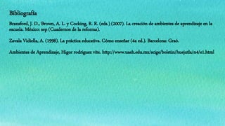 Bibliografía
Bransford, J. D., Brown, A. L. y Cocking, R. R. (eds.) (2007). La creación de ambientes de aprendizaje en la
escuela. México: sep (Cuadernos de la reforma).
Zavala Vidiella, A. (1998). La práctica educativa. Cómo enseñar (4a ed.). Barcelona: Graó.
Ambientes de Aprendizaje, Higor rodriguez vite. http://www.uaeh.edu.mx/scige/boletin/huejutla/n4/e1.html
 