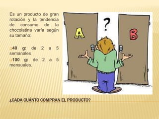 Es un producto de gran
rotación y la tendencia
de consumo de la
chocolatina varía según
su tamaño:

40  g: de 2 a       5
semanales
100 g: de 2 a       5
mensuales.




¿CADA CUÁNTO COMPRAN EL PRODUCTO?
 