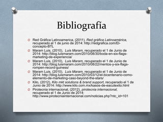 Bibliografía
O Red Gráfica Latinoamerica, (2011), Red gráfica Latinoamérica,
recuperado el 1 de junio de 2014: http://redgrafica.com/El-
concepto-BTL
O Maram Luis, (2010), Luis Maram, recuperado el 1 de Junio de
2014: http://blog.luismaram.com/2010/08/30/boda-en-six-flags-
marketing-de-experiencia/
O Maram Luis, (2010), Luis Maram, recuperado el 1 de Junio de
2014: http://blog.luismaram.com/2010/08/22/mentos-y-six-flags-
rompen-record-guiness/
O Maram Luis, (2010), Luis Maram, recuperado el 1 de Junio de
2014: http://blog.luismaram.com/2010/03/12/el-bicentenario-como-
elemento-de-marketing-caso-beyond-the-stars/
O Kilo, (2012), Kilo mkt solutions & brand support, recuperado el 1 de
Junio de 2014: http://www.kilo.com.mx/kasos-de-eacutexito.html
O Pirotecnia internacional, (2012), pirotecnia internacional,
recuperado el 1 de Junio de 2014:
http://www.pirotecniainternacional.com/noticias.php?ntc_id=101
 