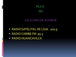 PUCE
                  SD

          ANÁLISIS DE RADIOS

 RADIO SATELITAL DE LOJA 100.9
 RADIO CARIBE FM 95.3
 RADIO HUANCAVILCA
 