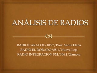 RADIO CARACOL/105.7/Prov. Santa Elena
  RADIO EL DORADO/88.1/Nueva Loja
RADIO INTEGRACION FM/104.1/Zamora
 