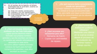 Contenido
conceptual
1. ¿De qué manera dicho conocimiento
puede ser aprendido?
La mejor manera es haciendo un repaso de
la unidad en la que se encuentra este
tema, para darle una mayor profundidad y
reforzar los conocimientos que los alumnos
poseen.
2. ¿Qué estrategias didácticas
pudiesen ser las más indicadas?
Lograr que los alumnos mismo
formulen sus propios números
grandes y que los escriban con todo y
su nombre así estarán reforzando lo
aprendido en este tema.
Así como utilizar material concreto
números de foami para formular
números más grandes y que ellos
escriban su nombre.
4. ¿Qué formas de
evaluación pudieran
utilizarse?
Mediante una rúbrica
en la cual se evalúe
desde el proceso de
formulación de
nombres hasta el
trabajo escrito.
3. ¿Qué recursos son
necesarios para ello?
• Números de foami.
• Copias con actividades
de repaso.
 