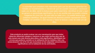 La actividad que considero más importante para que los alumnos aprendan los
metales es mostrándoselos a manera de que los puedan manipular y reconocer
cada uno de ellos, sentir la textura que cada metal tiene, identificar el color y que
se genere un aprendizaje significativo, de no ser posible esto se pueden mostrar
imágenes de cómo son, de qué color es cada uno y la posible textura que
podamos identificar. De igual manera los alumnos podrían representar dichos
metales con periódico u otro recurso y hacer la textura y color de cada uno de
ellos.
Este producto se podría evaluar con una coevaluación para que todos
observen diferentes trabajos y maneras en que están hechos para que de
esta manera sea más diverso para ellos y más significativo, identifiquen los
errores que pudieron cometer en la realización de los metales y bien una
autoevaluación con el fin de que reconozcan si han adquirido conocimientos
significativos con la realización de las actividades.
 