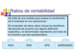 Ratios de rentabilidad
Se trata de una medida para evaluar el rendimiento
de la empresa en sus operaciones.
El numerador de estos ratios incluye los beneficios
del período de acuerdo con alguna definición
específica y el denominador representa una base de
la inversión que sea representativa.
Se trata de una medida para evaluar el rendimiento
de la empresa en sus operaciones.
El numerador de estos ratios incluye los beneficios
del período de acuerdo con alguna definición
específica y el denominador representa una base de
la inversión que sea representativa.
ROA ROE EPS MÁRGENES
 
