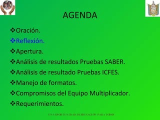AGENDA Oración. Reflexión. Apertura. Análisis de resultados Pruebas SABER. Análisis de resultado Pruebas ICFES. Manejo de formatos. Compromisos del Equipo Multiplicador. Requerimientos. UNA OPORTUNIDAD DE EDUCACIÓN PARA TODOS 