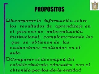 PROPOSITOS Incorporar la  información sobre  los  resultados de  aprendizaje en  el  proceso de  autoevaluación institucional,  complementando los  que  se  obtienen de  las evaluaciones realizadas en el aula.  Comparar el desempeño del establecimiento educativo  con el obtenido por los de la entidad territorial y el país, así como los de los sectores oficial y privado,  y zonas urbanas y rurales.  Comparar el desempeño del establecimiento educativo  con el de instituciones que tienen características socioeconómicas similares. UNA OPORTUNIDAD DE EDUCACIÓN PARA TODOS 
