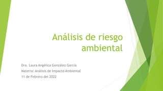 Análisis de riesgo
ambiental
Dra. Laura Angélica González García
Materia: Análisis de Impacto Ambiental
11 de Febrero del 2022
 