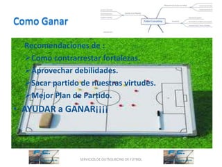 Como Ganar

  Recomendaciones de :
  Como contrarrestar fortalezas.
  Aprovechar debilidades.
  Sacar partido de nuestras virtudes.
  Mejor Plan de Partido.
• AYUDAR a GANAR¡¡¡¡



                 SERVICIOS DE OUTSOURCING DE FÚTBOL
 