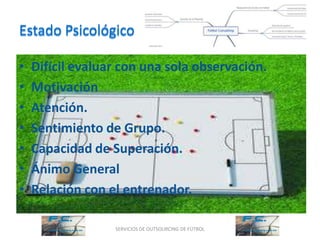 Estado Psicológico

•   Difícil evaluar con una sola observación.
•   Motivación
•   Atención.
•   Sentimiento de Grupo.
•   Capacidad de Superación.
•   Ánimo General
•   Relación con el entrenador.

                  SERVICIOS DE OUTSOURCING DE FÚTBOL
 