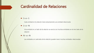 Cardinalidad de Relaciones
 1– a – 1
Cada entidad en la relación tiene extactamente una entidad relacionada
 1– a – N
Una entidad en un lado de la relación se asocia con muchas entidades en el otro lado de la
relación
 N – a – N
Las entidades en cada lado de la relación pueden tener muchas entidades relacionadas
 