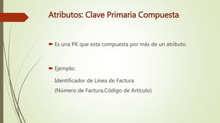 Atributos: Clave Primaria Compuesta
 Es una PK que esta compuesta por más de un atributo
 Ejemplo:
Identificador de Línea de Factura
(Número de Factura,Código de Artículo)
 