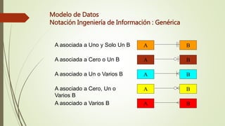Modelo de Datos
Notación Ingeniería de Información : Genérica
A BA asociada a Uno y Solo Un B
A B
A B
A asociada a Cero o Un B
A asociado a Un o Varios B
A BA asociado a Cero, Un o
Varios B
A BA asociado a Varios B
 