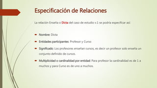 Especificación de Relaciones
La relación Enseña o Dicta del caso de estudio v.1 se podría especificar así:
 Nombre: Dicta
 Entidades participantes: Profesor y Curso
 Significado: Los profesores enseñan cursos, es decir un profesor solo enseña un
conjunto definido de cursos.
 Multiplicidad o cardinalidad por entidad: Para profesor la cardinalidad es de 1 a
muchos y para Curso es de uno a muchos.
 