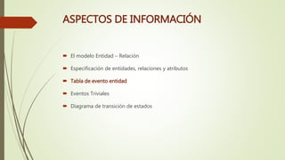 ASPECTOS DE INFORMACIÓN
 El modelo Entidad – Relación
 Especificación de entidades, relaciones y atributos
 Tabla de evento entidad
 Eventos Triviales
 Diagrama de transición de estados
 