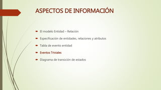 ASPECTOS DE INFORMACIÓN
 El modelo Entidad – Relación
 Especificación de entidades, relaciones y atributos
 Tabla de evento entidad
 Eventos Triviales
 Diagrama de transición de estados
 