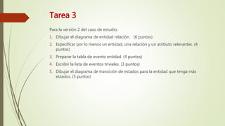Para la versión 2 del caso de estudio:
1. Dibujar el diagrama de entidad relación. (6 puntos)
2. Especificar por lo menos un entidad, una relación y un atributo relevantes. (4
puntos)
3. Preparar la tabla de evento entidad. (4 puntos)
4. Escribir la lista de eventos triviales. (3 puntos)
5. Dibujar el diagrama de transición de estados para la entidad que tenga más
estados. (3 puntos)
Tarea 3
 