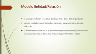 Modelo Entidad/Relación
 Es una representación conceptual detallada de los datos de la organización.
 Muestra entidades, sus atributos, las relaciones y las características de estas
relaciones.
 El modelo entidad/relación es el modelo conceptual más utilizado para el diseño
conceptual de bases de datos. Fue introducido por Peter Chen en 1976.
 