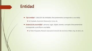 Entidad
 Tipo entidad – colección de entidades (frecuentemente corresponde a una tabla)
 Ej. Empleado, Automóvil, Reservación, Curso, etc.
 Instancia de una entidad - persona, lugar, objeto, evento, concepto (frecuentemente
corresponde a una fila en una tabla)
 Ej. Pedro Picapiedra, Renault, reservación la función de cine de las 5:00pm, Ing. de datos, etc.
 