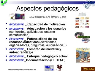 Aspectos pedagógicos   valorar EXCELENTE,  ALTA, CORRECTA  o BAJA   EXCELENTE   _ Capacidad de motivación EXCELENTE  _ Adecuación a los usuarios  (contenidos, actividades, entorno comunicación) EXCELENTE  _ Potencialidad de los recursos didácticos  (actividades, organizadores, preguntas, autorización...) EXCELENTE  _ Fomento de iniciativa y autoaprendizaje EXCELENTE  _ Enfoque pedagógico actual EXCELENTE  _Documentación  (SI TIENE)  http://www.informaticaeduss.0fess.net 