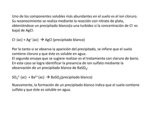 Uno de los componentes solubles más abundantes en el suelo es el ion cloruro.
Su reconocimiento se realiza mediante la reacción con nitrato de plata,
obteniéndose un precipitado blanco(o una turbidez si la concentración de Cl- es
baja) de AgCl:

Cl- (ac) + Ag+ (ac)  AgCl (precipitado blanco)

Por lo tanto si se observa la aparición del precipitado, se infiere que el suelo
contiene cloruro y que éste es soluble en agua.
El segundo ensayo que se sugiere realizar es el tratamiento con cloruro de bario.
En este caso se logra identificar la presencia de ion sulfato mediante la
observación de un precipitado blanco de BaSO4:

SO42- (ac) + Ba2+ (ac)  BaSO4(precipitado blanco)
Nuevamente, la formación de un precipitado blanco indica que el suelo contiene
sulfato y que éste es soluble en agua.
 