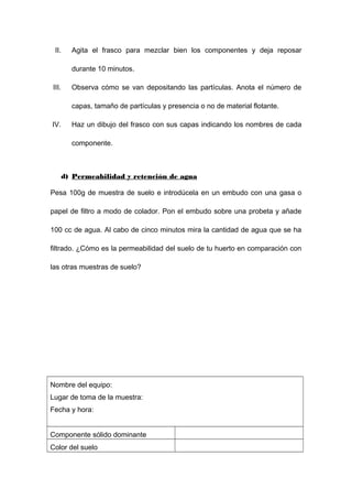 II. Agita el frasco para mezclar bien los componentes y deja reposar 
durante 10 minutos. 
III. Observa cómo se van depositando las partículas. Anota el número de 
capas, tamaño de partículas y presencia o no de material flotante. 
IV. Haz un dibujo del frasco con sus capas indicando los nombres de cada 
componente. 
d) Permeabilidad y retención de agua 
Pesa 100g de muestra de suelo e introdúcela en un embudo con una gasa o 
papel de filtro a modo de colador. Pon el embudo sobre una probeta y añade 
100 cc de agua. Al cabo de cinco minutos mira la cantidad de agua que se ha 
filtrado. ¿Cómo es la permeabilidad del suelo de tu huerto en comparación con 
las otras muestras de suelo? 
Nombre del equipo: 
Lugar de toma de la muestra: 
Fecha y hora: 
Componente sólido dominante 
Color del suelo 
 