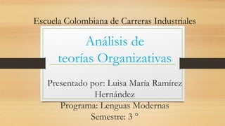 Análisis de
teorías Organizativas
Presentado por: Luisa María Ramírez
Hernández
Programa: Lenguas Modernas
Semestre: 3 °
Escuela Colombiana de Carreras Industriales
 