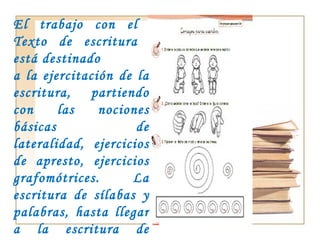 El trabajo con el  Texto de escritura  está destinado  a la ejercitación de la escritura, partiendo con las nociones básicas de lateralidad, ejercicios de apresto, ejercicios grafomótrices. La escritura de sílabas y palabras, hasta llegar a la escritura de frases y producción de oraciones y textos breves.  