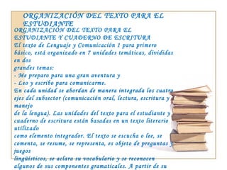 ORGANIZACIÓN DEL TEXTO PARA EL ESTUDIANTE ORGANIZACIÓN DEL TEXTO PARA EL ESTUDIANTE Y CUADERNO DE ESCRITURA El texto de Lenguaje y Comunicación 1 para primero básico, está organizado en 7 unidades temáticas, divididas en dos grandes temas: - Me preparo para una gran aventura y - Leo y escribo para comunicarme. En cada unidad se abordan de manera integrada los cuatro ejes del subsector (comunicación oral, lectura, escritura y manejo de la lengua). Las unidades del texto para el estudiante y cuaderno de escritura están basadas en un texto literario utilizado como elemento integrador. El texto se escucha o lee, se comenta, se resume, se representa, es objeto de preguntas y juegos lingüísticos, se aclara su vocabulario y se reconocen algunos de sus componentes gramaticales. A partir de su lectura y comentario se desarrollan una serie de actividades correspondientes a los cuatro ejes. 